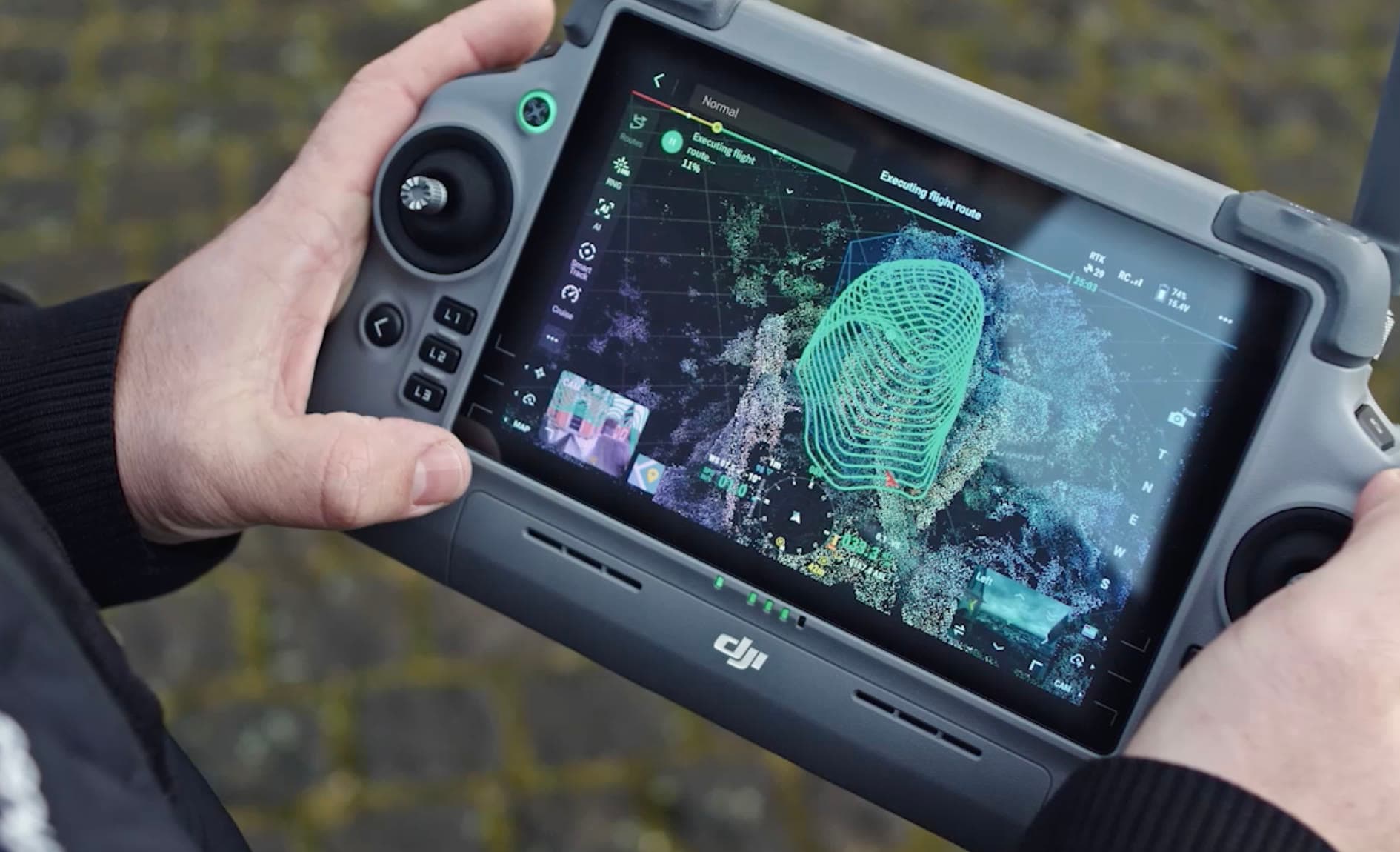 Flight planning on a drone controller before a photography shoot