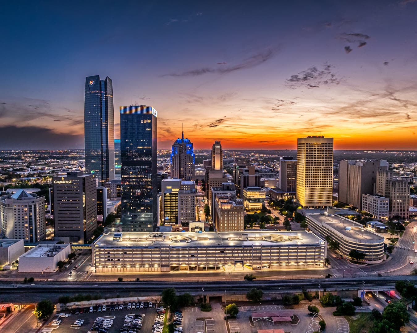 Downtown Oklahoma City skyline at golden hour.