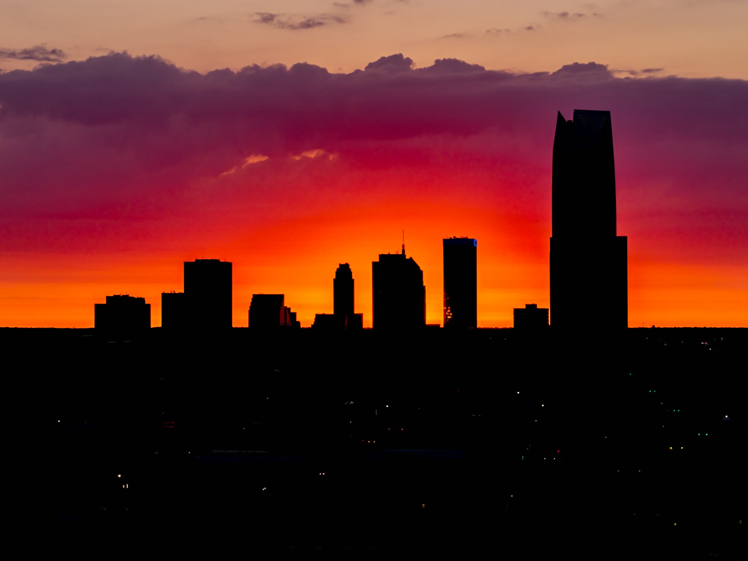 Aerial sunrise across Oklahoma City.