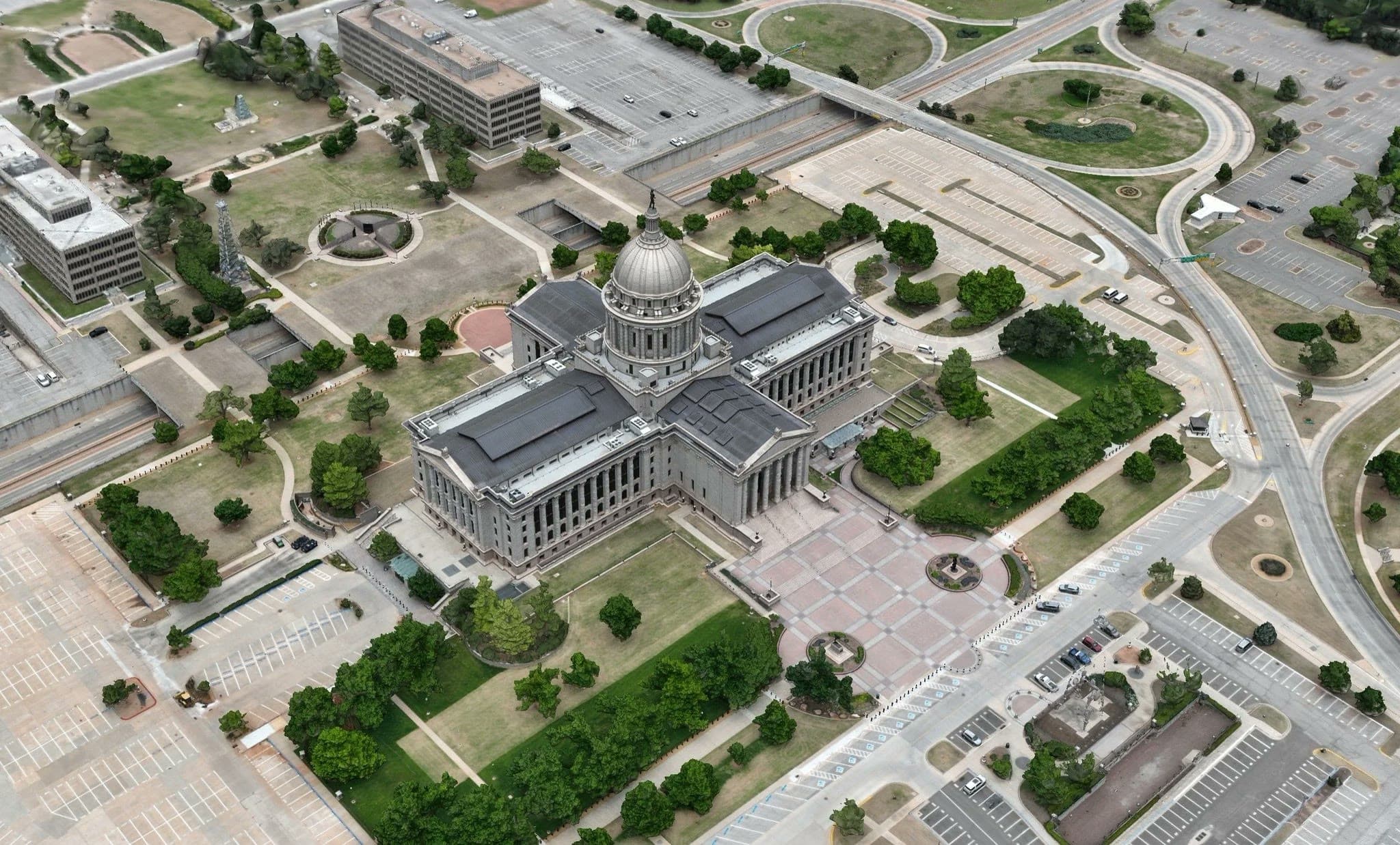 Aerial mapping pass over the Oklahoma State Capitol complex.
