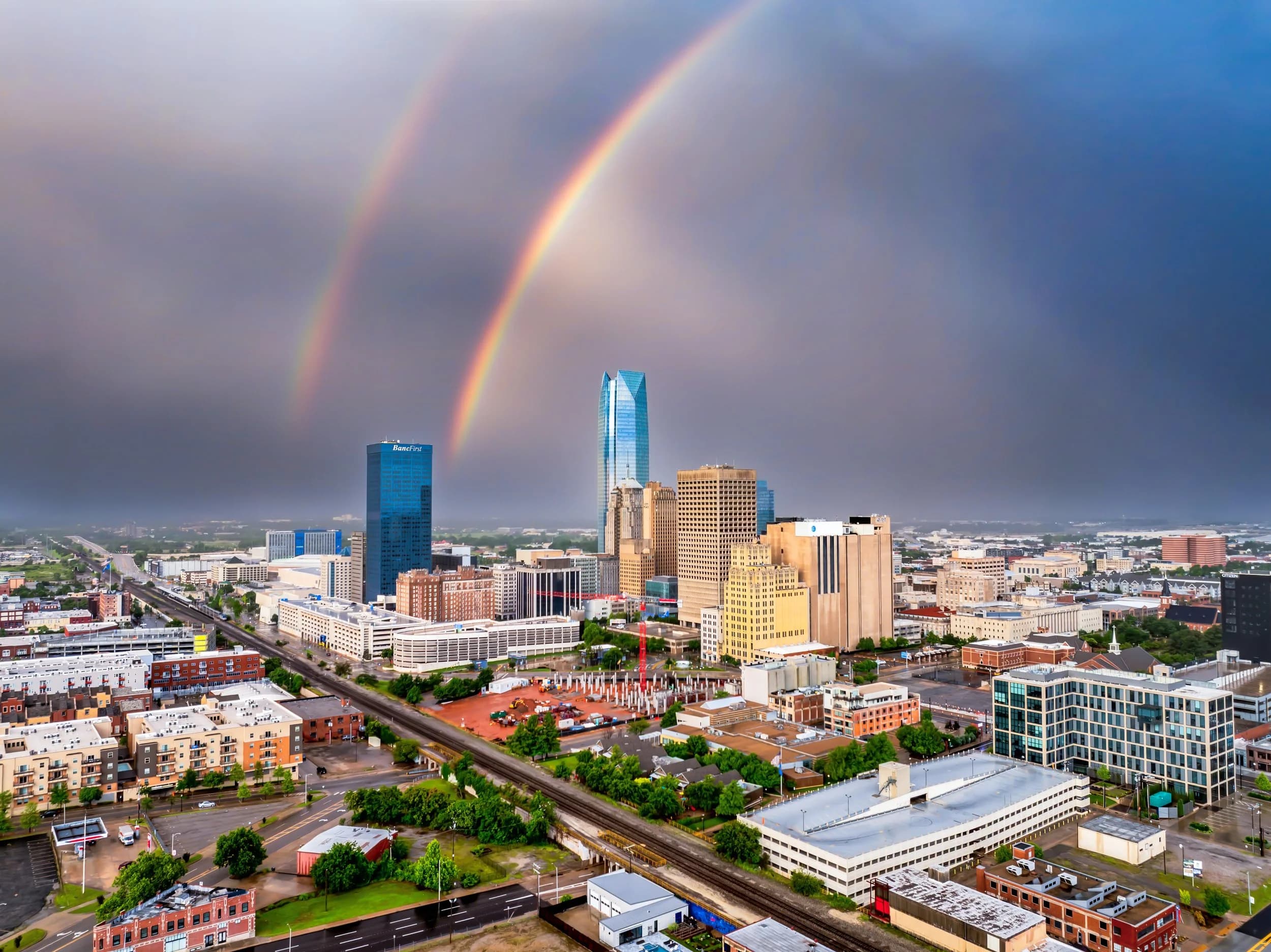 A double rainbow breaks over downtown OKC after a storm.